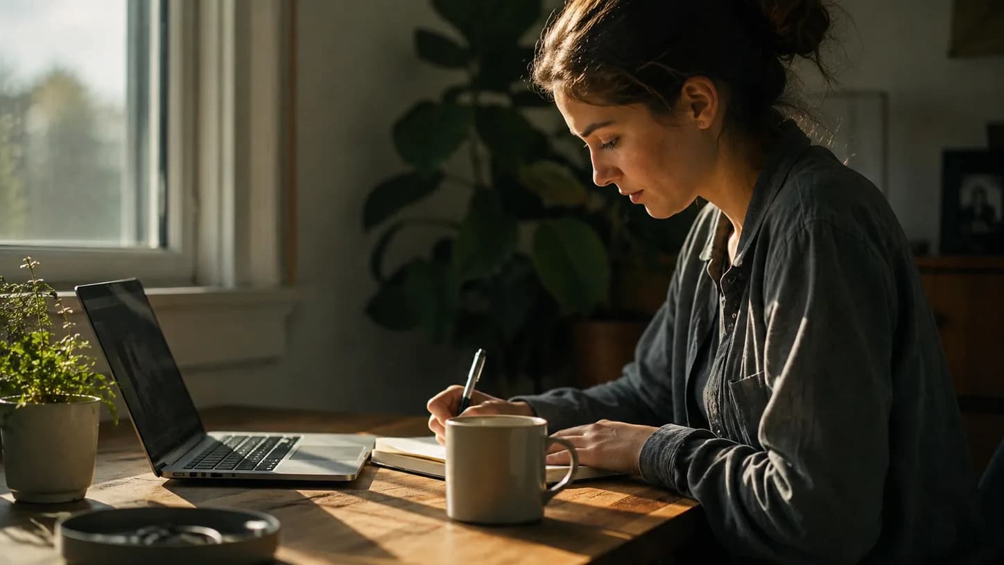 Una mujer escribe en su cuaderno junto a un portátil, con luz cálida de tarde: una miembro documentando su progreso