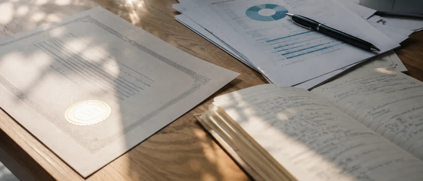 Escritorio con evidencia real: un certificado con sello, documentos con gráficas y un cuaderno de notas junto a un portátil